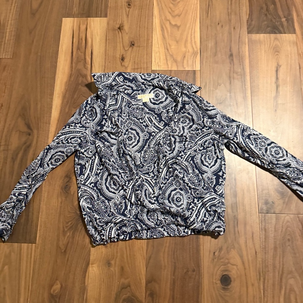 MICHAEL KORS Shirt Women's Size x1 Button Up Roll Tab Sleeve Blue White Paisley